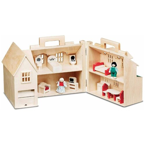 фото Деревянный кукольный домик melissa & doug fold & go с 2 игровыми фигурками и 11 предметами мебели