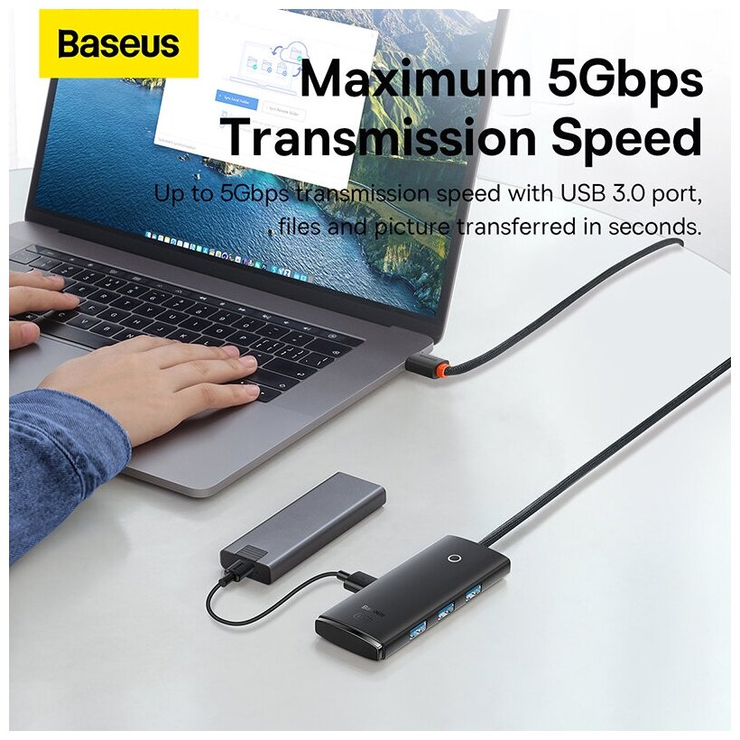 Хаб Baseus Lite Series 4-Port USB-A HUB Adapter (USB-A to USB 30x4 ) 1м (WKQX030401) черный