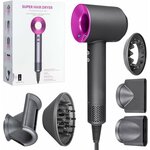 Профессиональный фен для волос Super Hair Dryer 2600 Вт, 3 режима, 5 магнитных насадок, ионизация воздуха, цвет фуксия - изображение