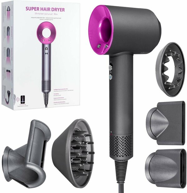 Профессиональный фен для волос Super Hair Dryer 2600 Вт, 3 режима, 5 магнитных насадок, ионизация воздуха, цвет фуксия