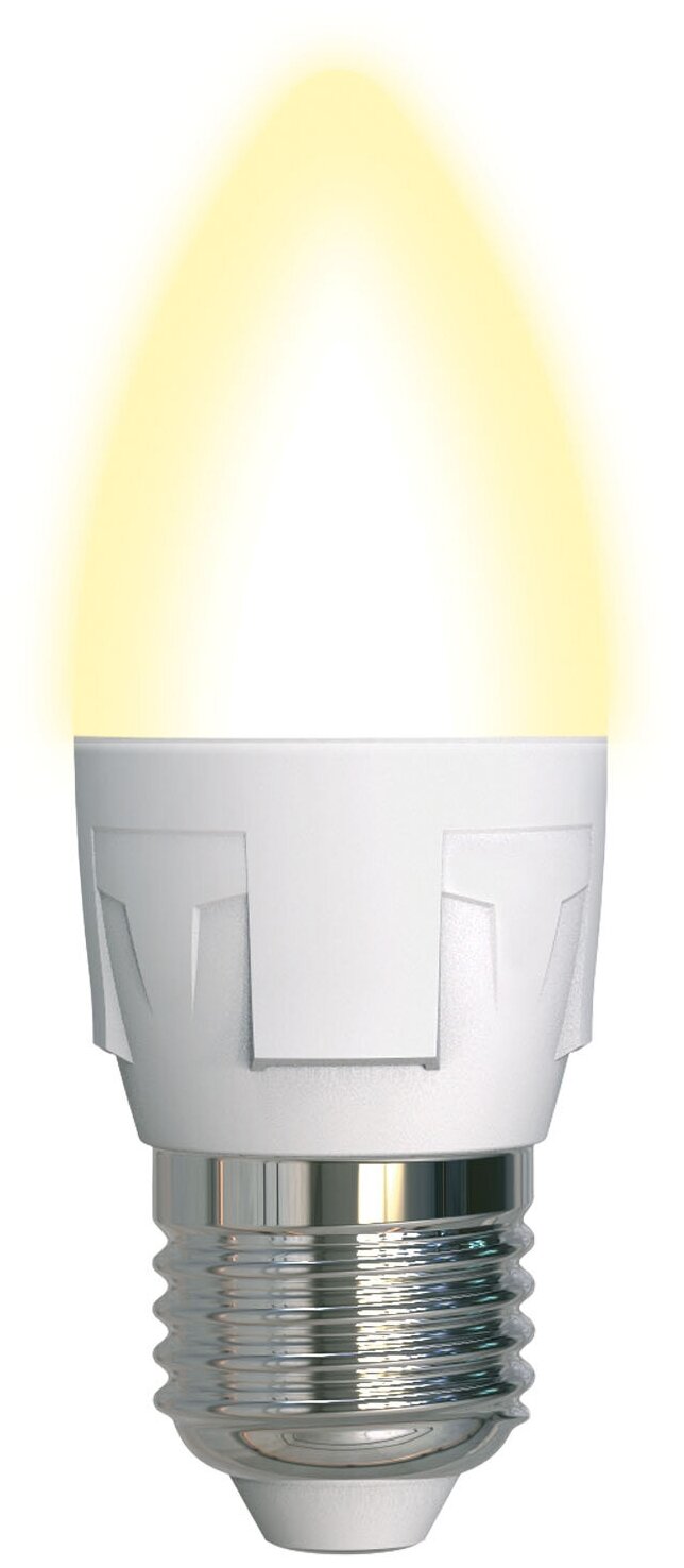 Светодиодная лампа Uniel LED-C37 7W/WW/E27/FR PLP01WH Форма «свеча», матовая. Серия яркая. Теплый белый свет (3000K). Картон. ТМ