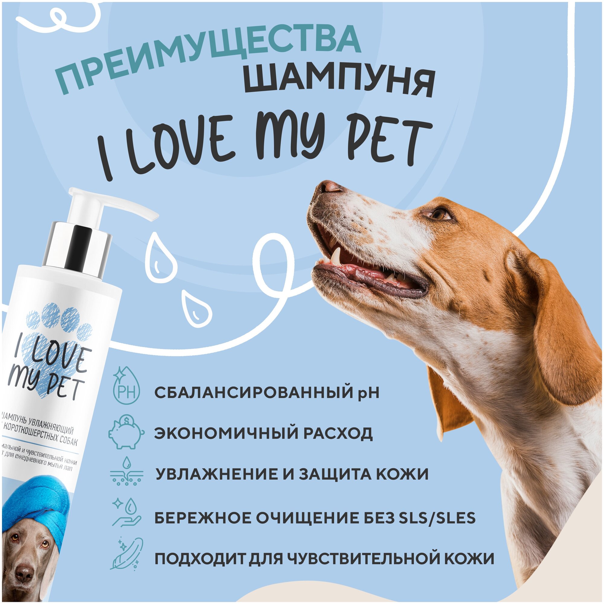 Шампунь для животных для короткошерстных собак I LOVE MY PET гипоаллергенный, бережное очищение с пантенолом и ромашкой, 250 мл