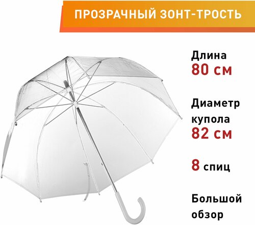 Зонт-трость полуавтомат, купол 82 см, 8 спиц, прозрачный, бесцветный