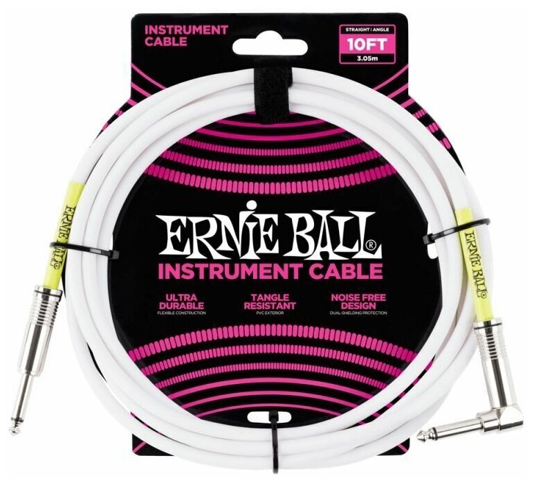 Ernie Ball 6049 кабель инструментальный, прямой - угловой джеки, 3 метра, белый.