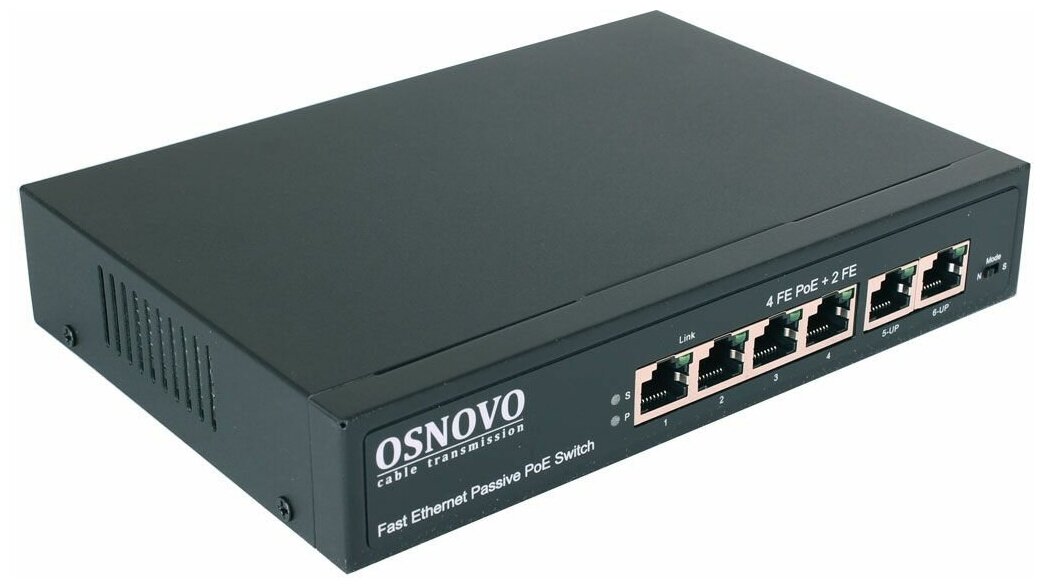 Коммутатор OSNOVO Passive PoE 6 портов, 4 PoE порта 10/100 Base-T, 2*10/100 Base-T Uplink, до 30W на порт