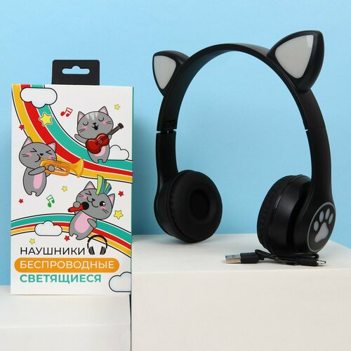 Наушники светящиеся ушки беспроводные Котик черные W-03 1шт 1784₽
