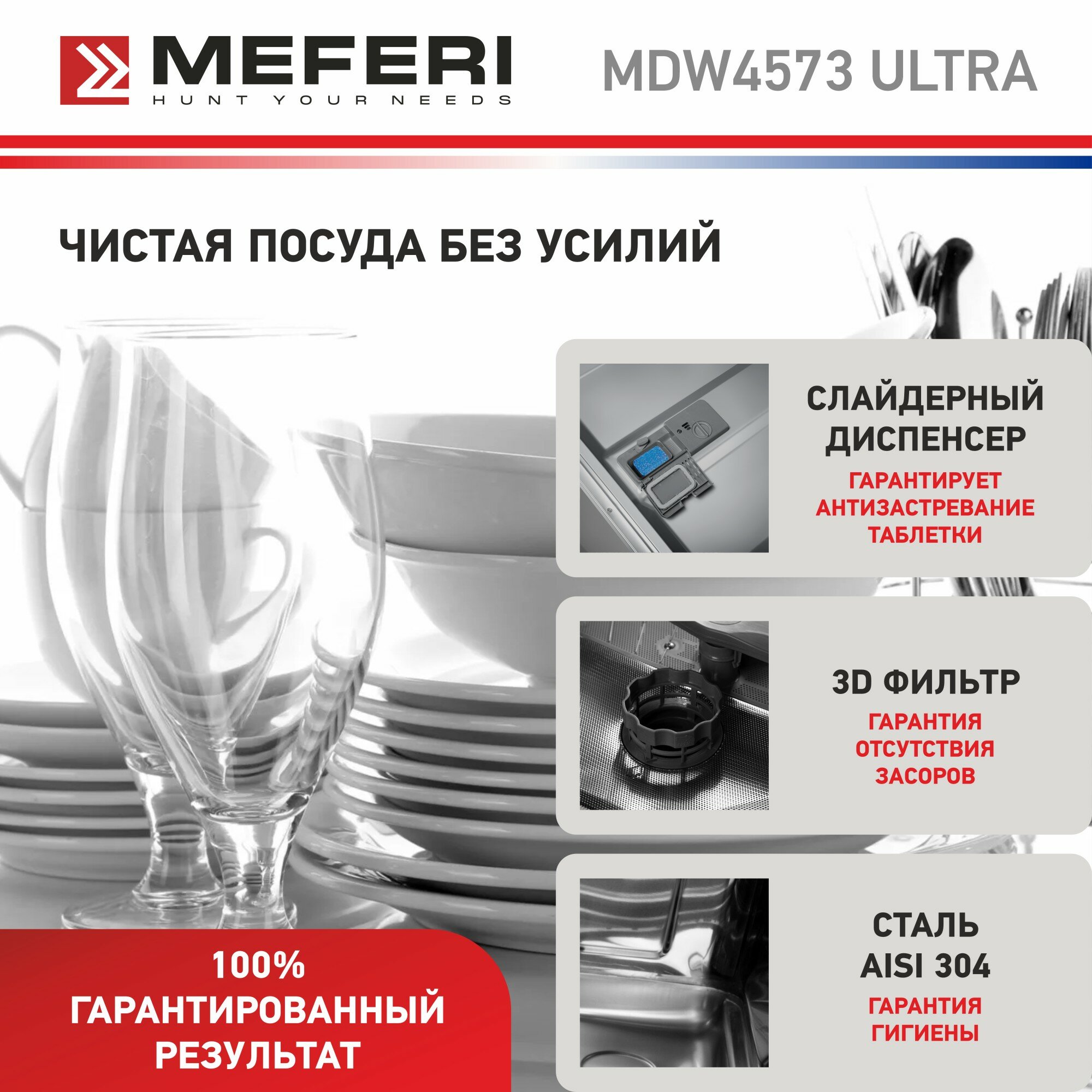 Посудомоечная машина встраиваемая MEFERI MDW4573 ULTRA, три корзины, 45 см, с защитой от протечек