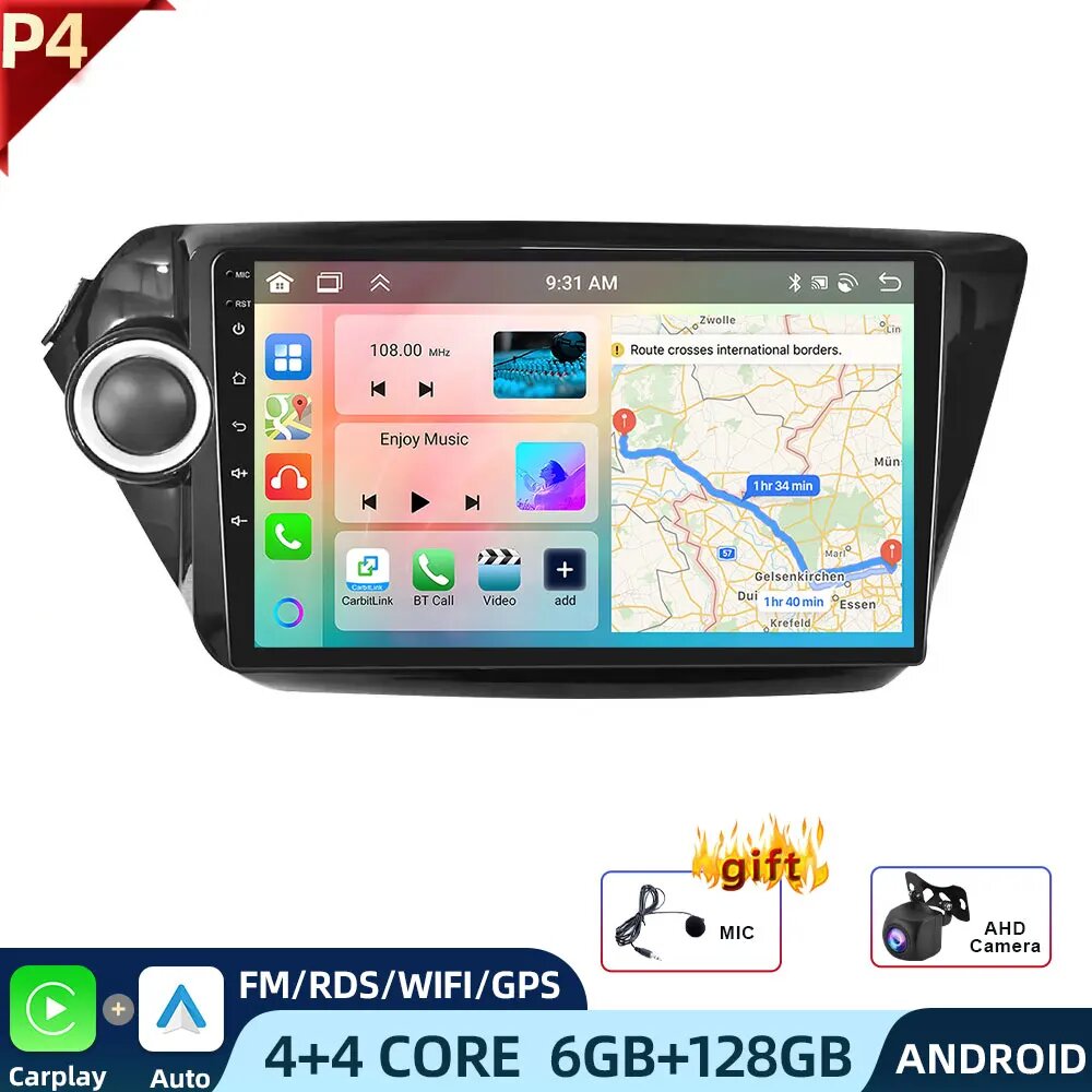 Автомагнитола Podofo, 4G, Android, для Kia RIO 3, 4, 2011-2016, мультимедийный плеер, 2din, головное устройство, GPS-навигация, RDS, HiFi стерео, 6G 128G Cam