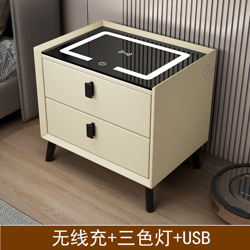 фото Прикроватная тумбочка, массив дерева, бежевая, с LED-подсветкой, беспроводной зарядкой и USB-портом