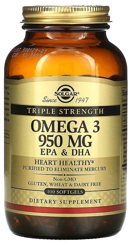 Solgar, Omega 3, EPA & DHA, Triple Strength, 950 mg, омега-3, ЭПК и ДГК, тройной концентрации, 950 мг, 100 капсул — фото 1