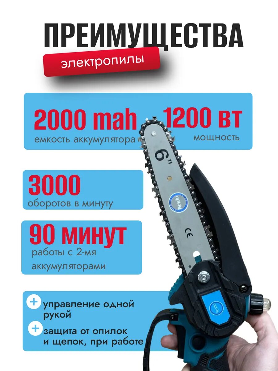 Изображение Мини пила Сучкорез, 68В, 2000мАч, автоматическая заливка маслом, с блокировкой запуска