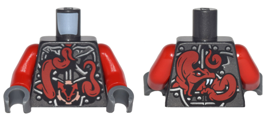 Torso Ninjago Metallic Silver Armor with Clock and Large Red Snake with White Fangs on Back Pattern / Red Arms / Dark Bluish Gray Hands, 973pb2610c01 Pearl Dark Gray U