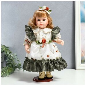 Кукла коллекционная керамика "Беатрис в атласном платье с розочками" 30 см
