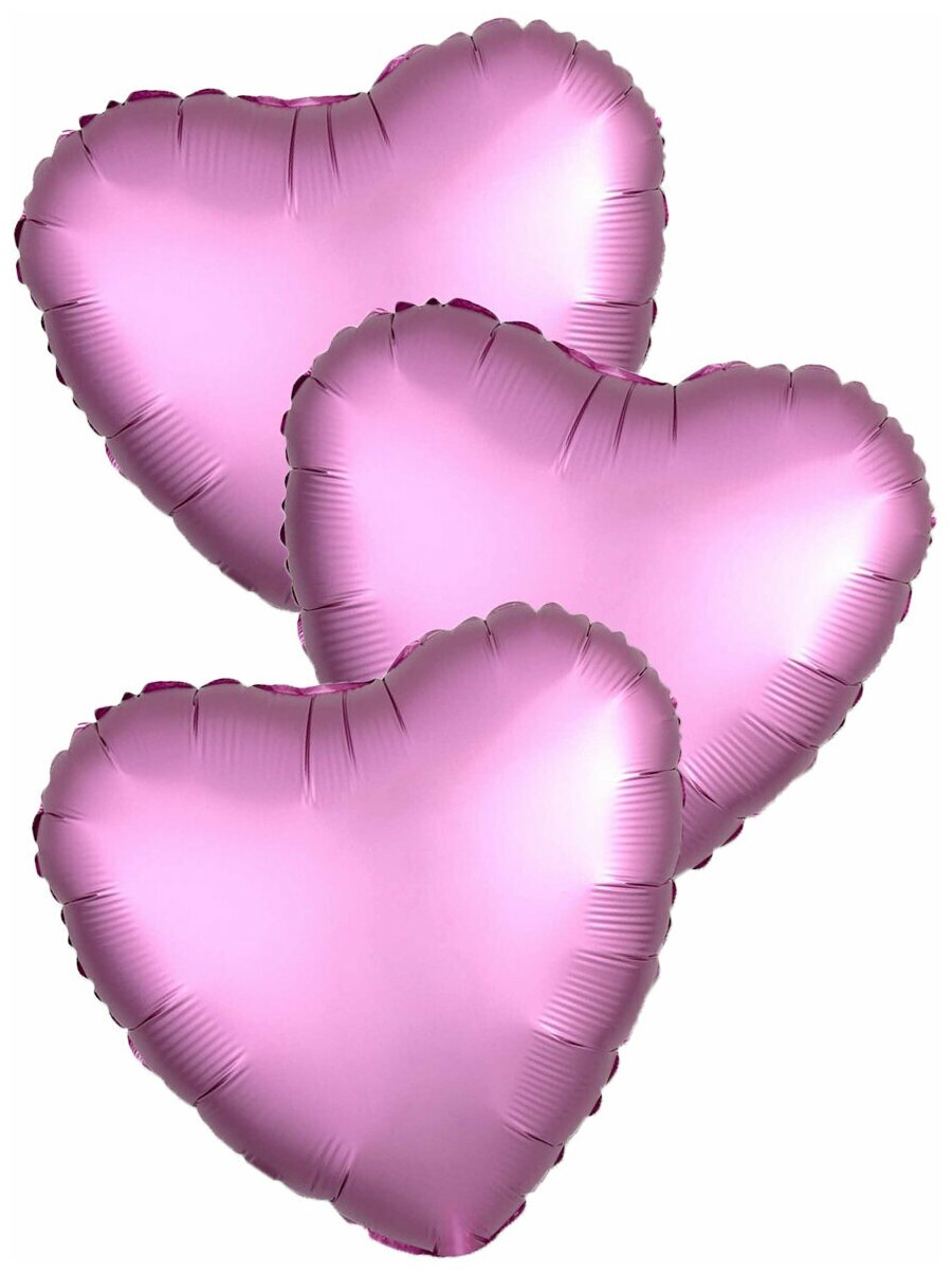 Воздушные шары фольгированные Agura Сердца, Сатин, Розовый (фламинго), 46 см, набор 3 шт