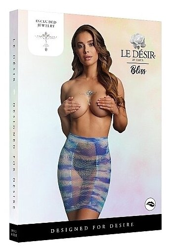 Юбка в сеточку с завышенной талией и украшение на грудь High-waist Fishnet Skirt & Dazzling Sticker