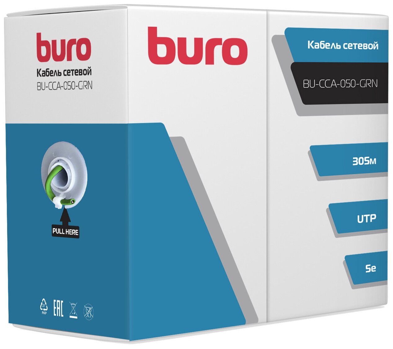 Кабель сетевой Buro BU-CCA-050-GRN UTP 4 пары cat5E solid 0.50мм CCA 305м зеленый