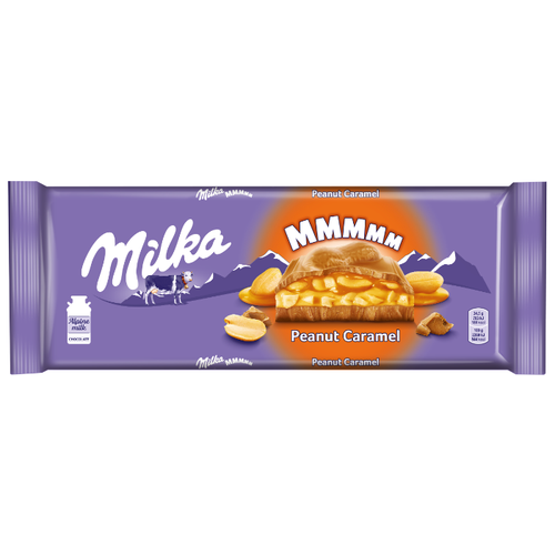 фото Шоколад Milka молочный с карамельной начинкой с арахисом и с арахисовой начинкой с воздушным рисом и кусочками арахиса, 276 г