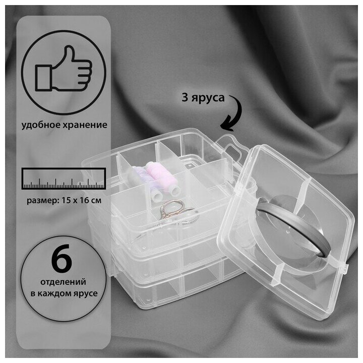 Контейнер для рукоделия 3 яруса по 6 отделений 15*16*12,5см пластик прозрачный с ручкой 7372624