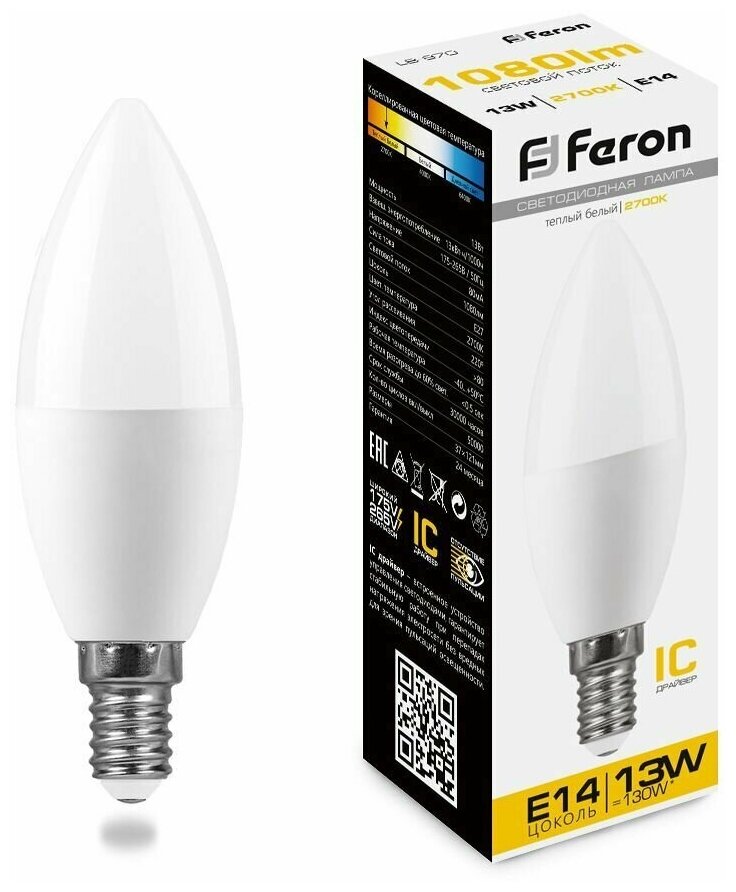 Лампа светодиодная Feron LB-970 Свеча E14 13W 2700K 38107