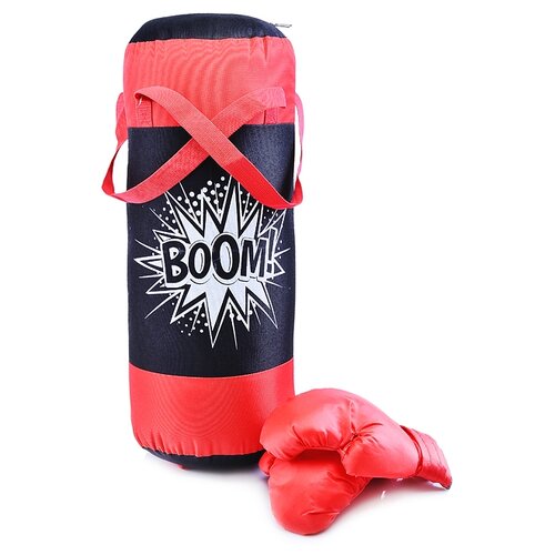 Набор для бокса Belon: груша 50см х Ø20см (оксфорд) с перчатками. Цвет черный-красный, принт "BOOM!"