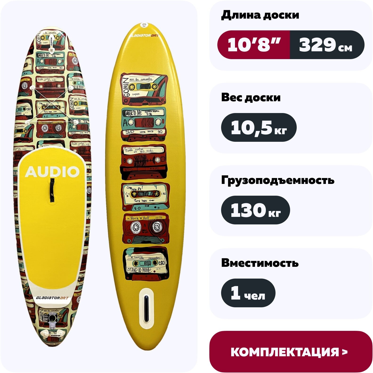 Сапборд надувной SUP Gladiator Art 10'8' Audio 90TH 2021 с веслом, насосом и страховочным лишем