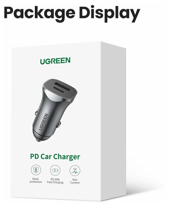 Автомобильное зарядное устройство Ugreen USB-A + USB-C 30Вт (40858)