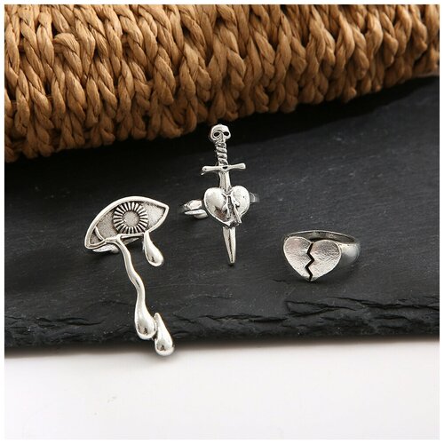 Комплект колец Сердце / Меч /Слезы be yourself, 3 шт., серебристые