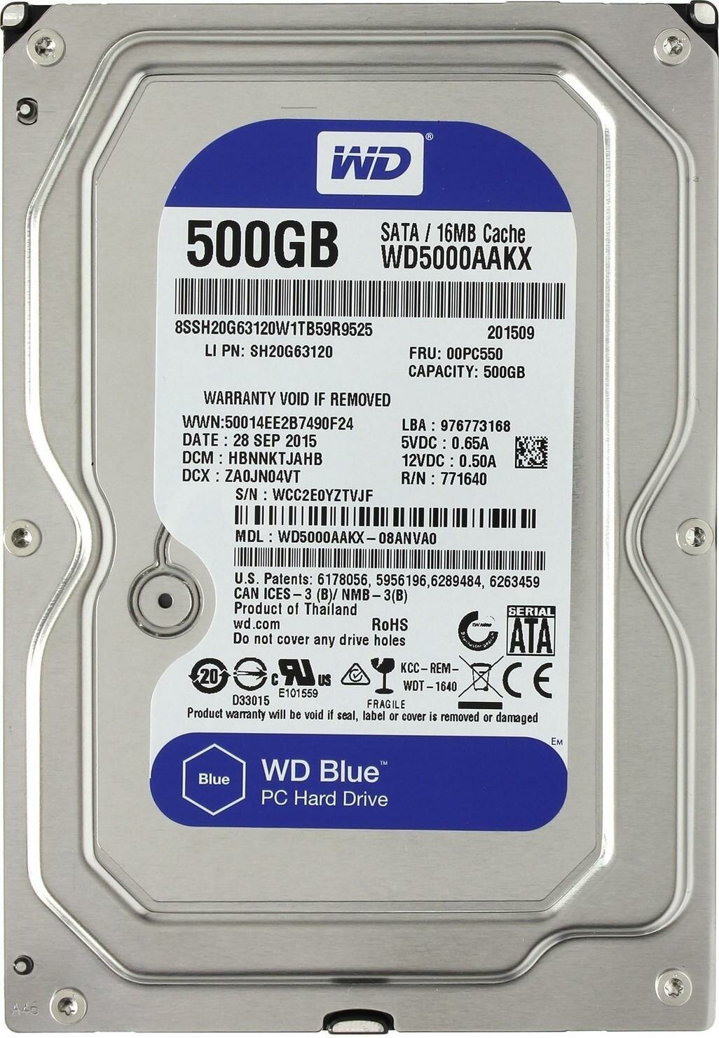 Жесткий диск для компьютера Western Digital WD Blue WD5000AAKX, 500ГБ, HDD, SATA III, 3.5"