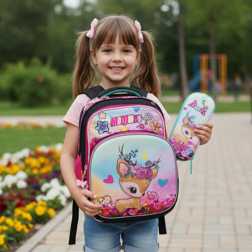 Изображение товара Школьный рюкзак для девочки с пеналом. Объемный рисунок, грудная стяжка
