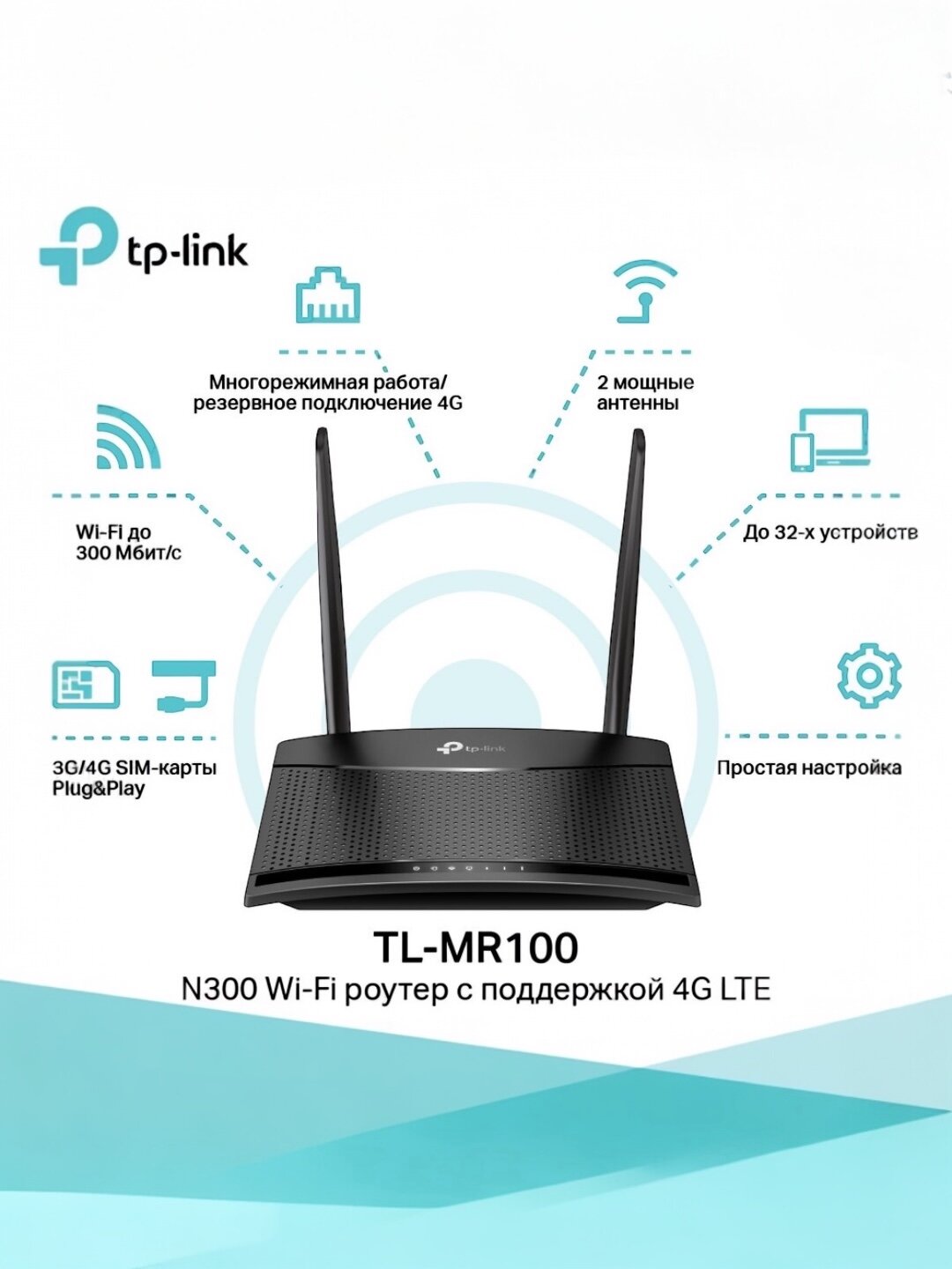 TP‑Link MR100 4G LTE Wi‑Fi роутер с SIM‑картой, до 150 Мбит/с, 2.4 GHz Wi‑Fi 300 Мбит/с и 32 устройства