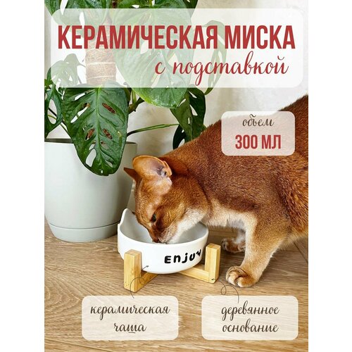 фото Миска qalla enjoy, керамическая, на бамбуковой подставке, 300мл
