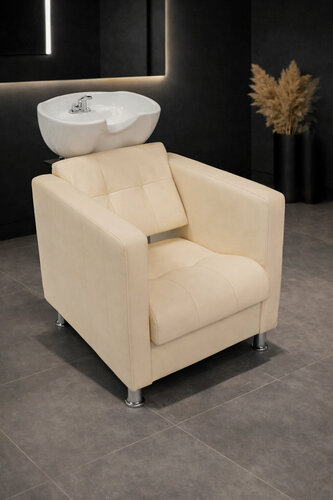 Изображение товара Парикмахерская мойка с креслом Квадрат, глубокая раковина белого цвета, Уютный мастер, кремовый