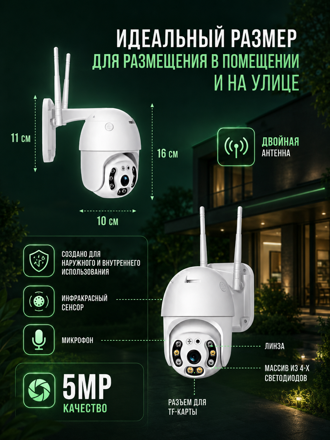 IP Камера видеонаблюдения WIFI, Уличная камера видеонаблюдения 5MP, 1080p, IP66, Ночной режим, Датчик движения — фото 1