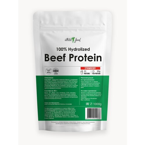 Протеин говяжий, животный белок Atletic Food 100% Hydrolized Beef Protein - 1000 грамм, клубника