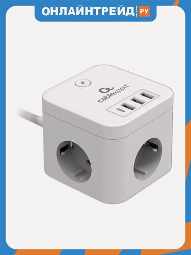 Изображение товара Сетевой фильтр Cablexpert Cube, 3 розетки, 1xType-C, 3xUSB, 1.5м, белый, коробка