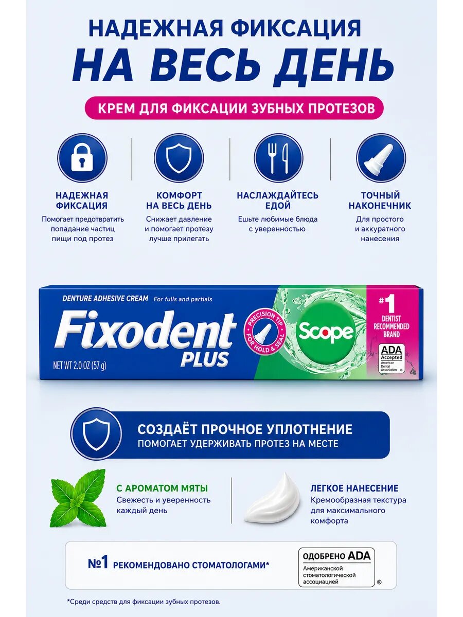 Крем для фиксации зубных протезов Fixodent Plus Scope 57 г