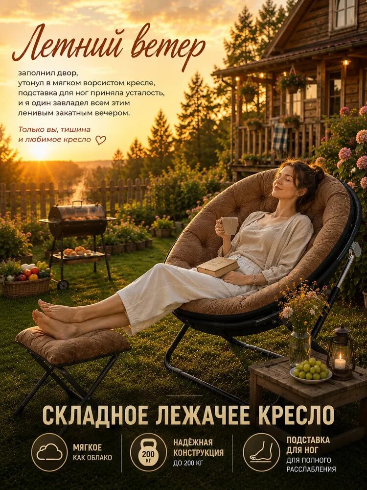Шезлонг складной, Сталь, 80х60х86см, с подставкой для ног, коричневый/черный