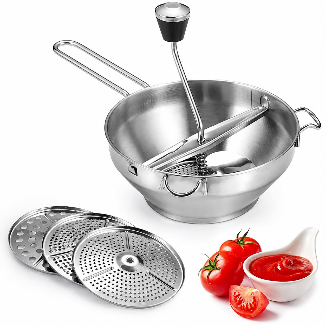 Протирка овощей и фруктов Chef, нержавеющая сталь 18/10, диаметр 33 см, с тремя сменными дисками
