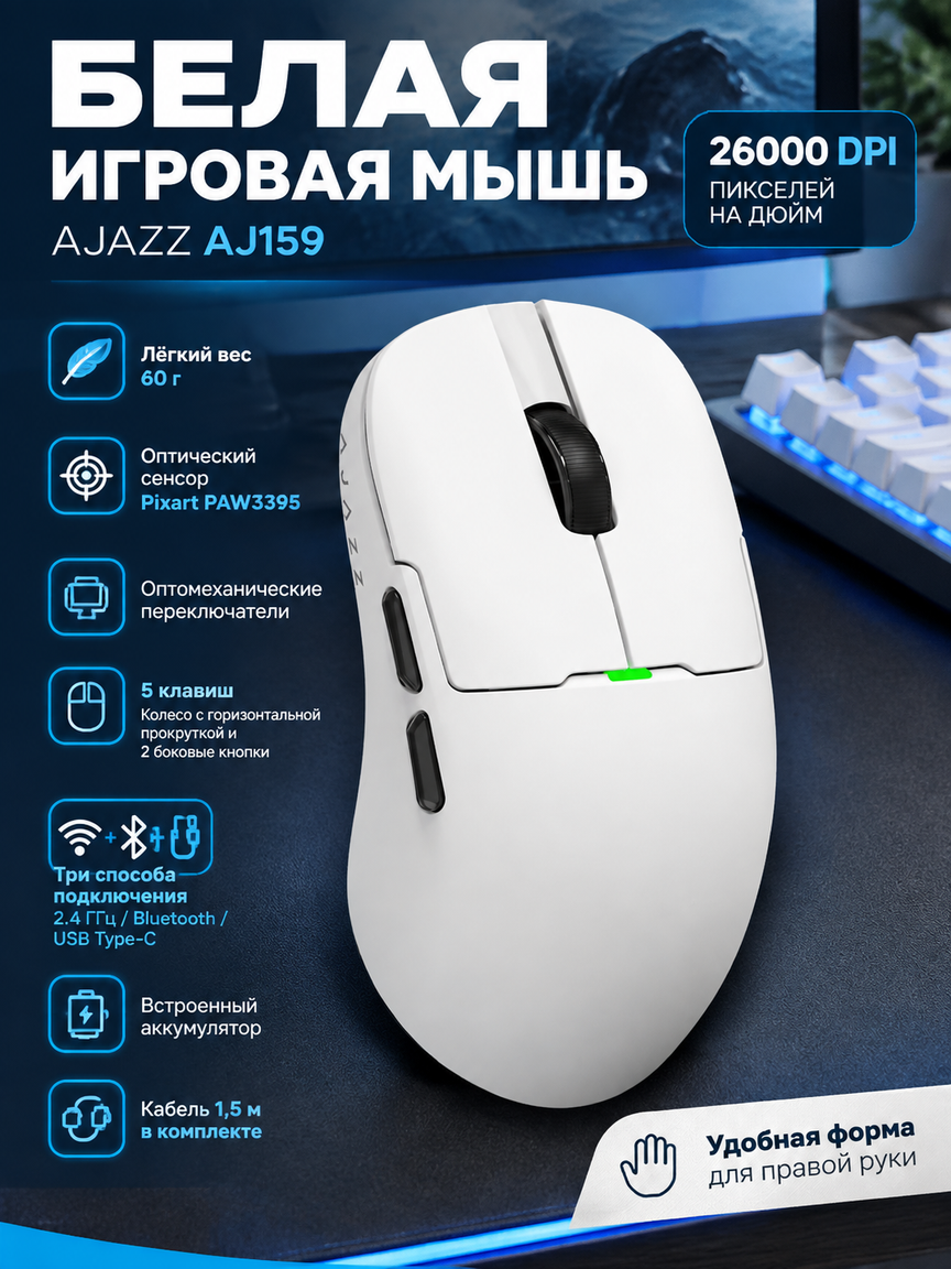 Белая игровая мышь 26000 DPI, три типа подключения: Bluetooth, 2.4 ГГц и USB Type-C для ПК