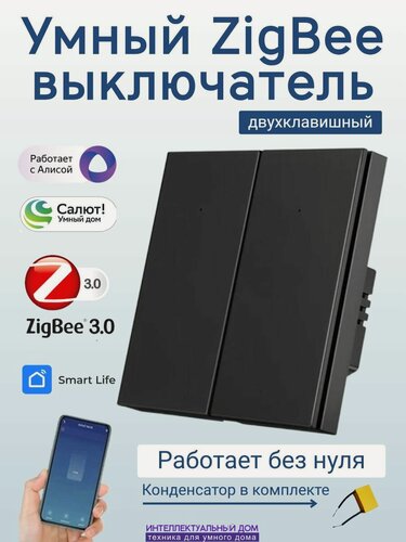 Изображение товара Умный ZigBee выключатель 2-кл без нуля с Алиса Маруся Салют черный