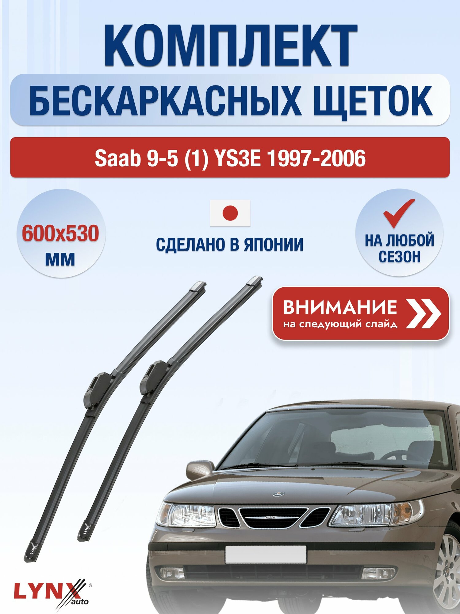 Дворники бескаркасные на Saab 9-5 (1) YS3E / 1997-2006 / Комплект щеток стеклоочистителя 600 530 мм Сааб 9-5 ХF600+ХF530 LYNXauto