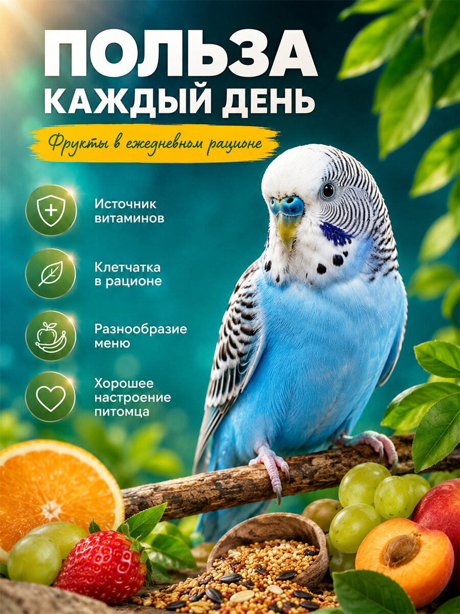 Корм Seven Seeds, для волнистых попугаев, зерновой, с фруктами — фото 1