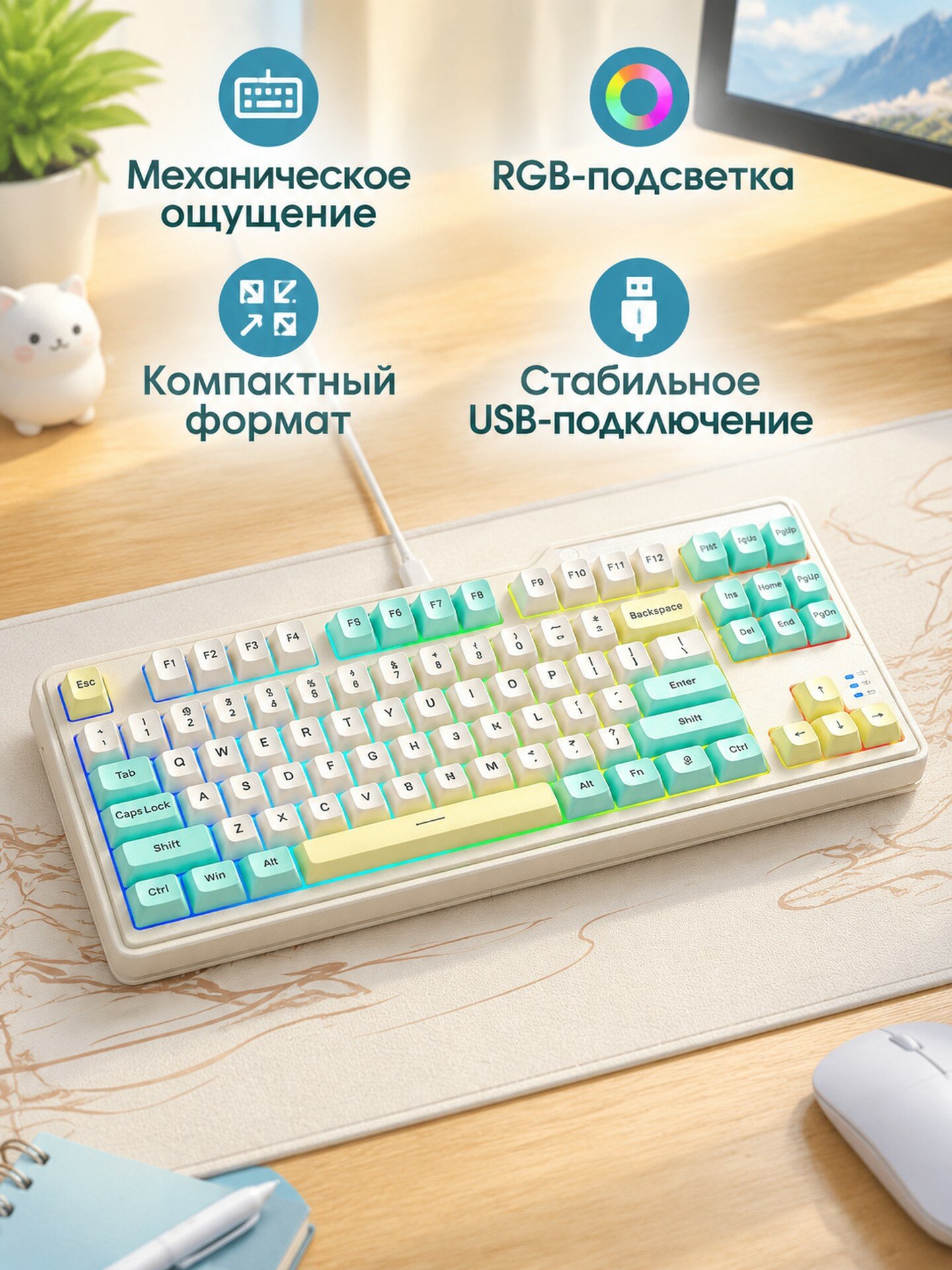 Игровая клавиатура HP K120, проводная, 87 клавиш, механическое ощущение, Молочно-жёлтый, проводная, 87 клавиш