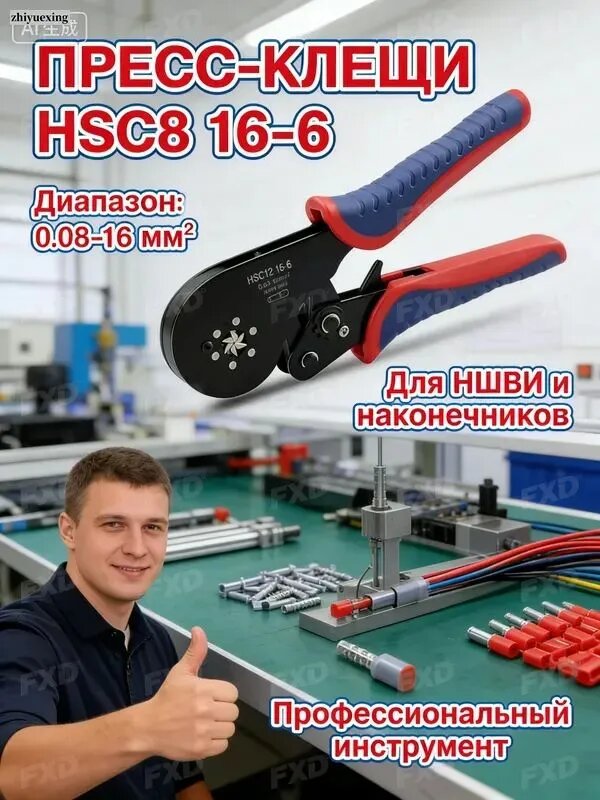 Пресс-клещи для проводов 0.08-16 мм2 с шестигранным обжимом. Саморегулирующийся кримпер HSC8 16-6 для наконечников НШВИ; легкий монтаж электропроводки