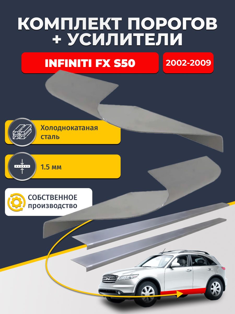 Ремонтные пороги комплект (2 шт.) и усилители (2 шт.), для Infiniti FX S50 2002 - 2009, холоднокатаная сталь 1.5 мм. (Инфинити ФХ35), пороги и усилители. Кузовной ремонт.