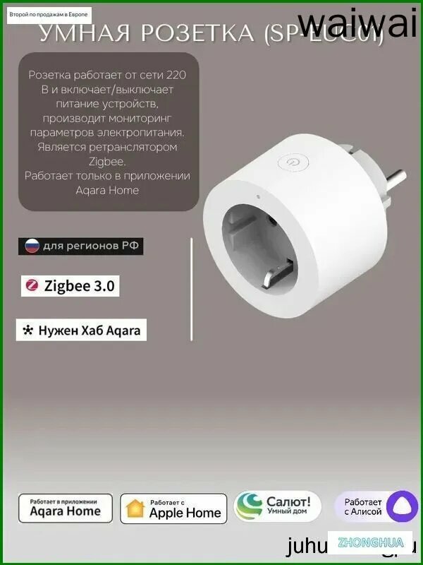 Умная розетка Aqara Smart Plug SP-EUC01 с Zigbee - удаленное управление, мониторинг энергопотребления, защита от перегрузки