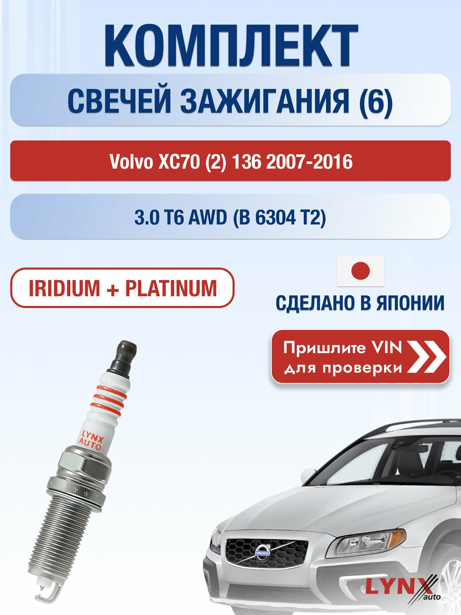 Свечи зажигания Volvo XC70 (2) 136 2007-2016 | Двигатель 3.0 T6 AWD (B 6304 T2) (SP-368) Вольво ХС70