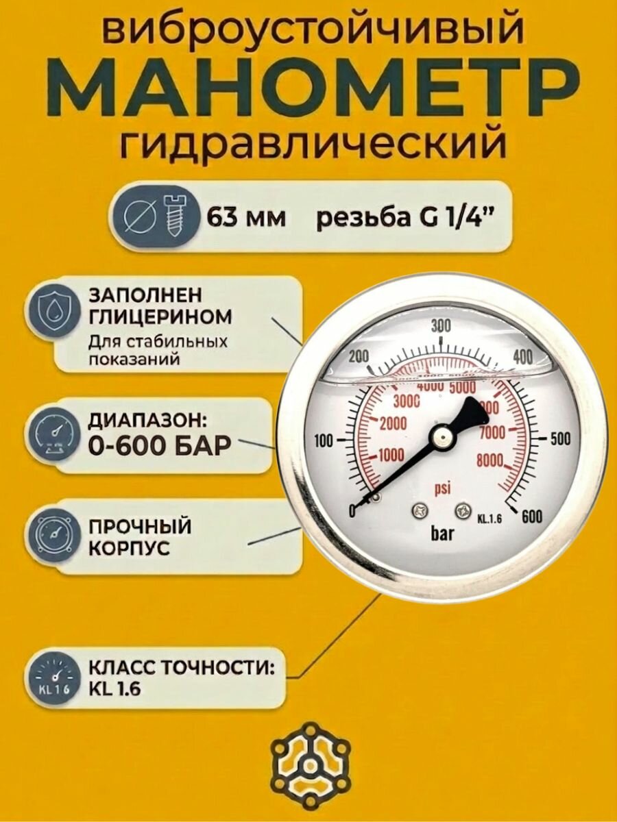 Манометр гидравлический 600 бар 63мм резьба G1/4 виброустойчивый, осевой, 63P600. MGE HS