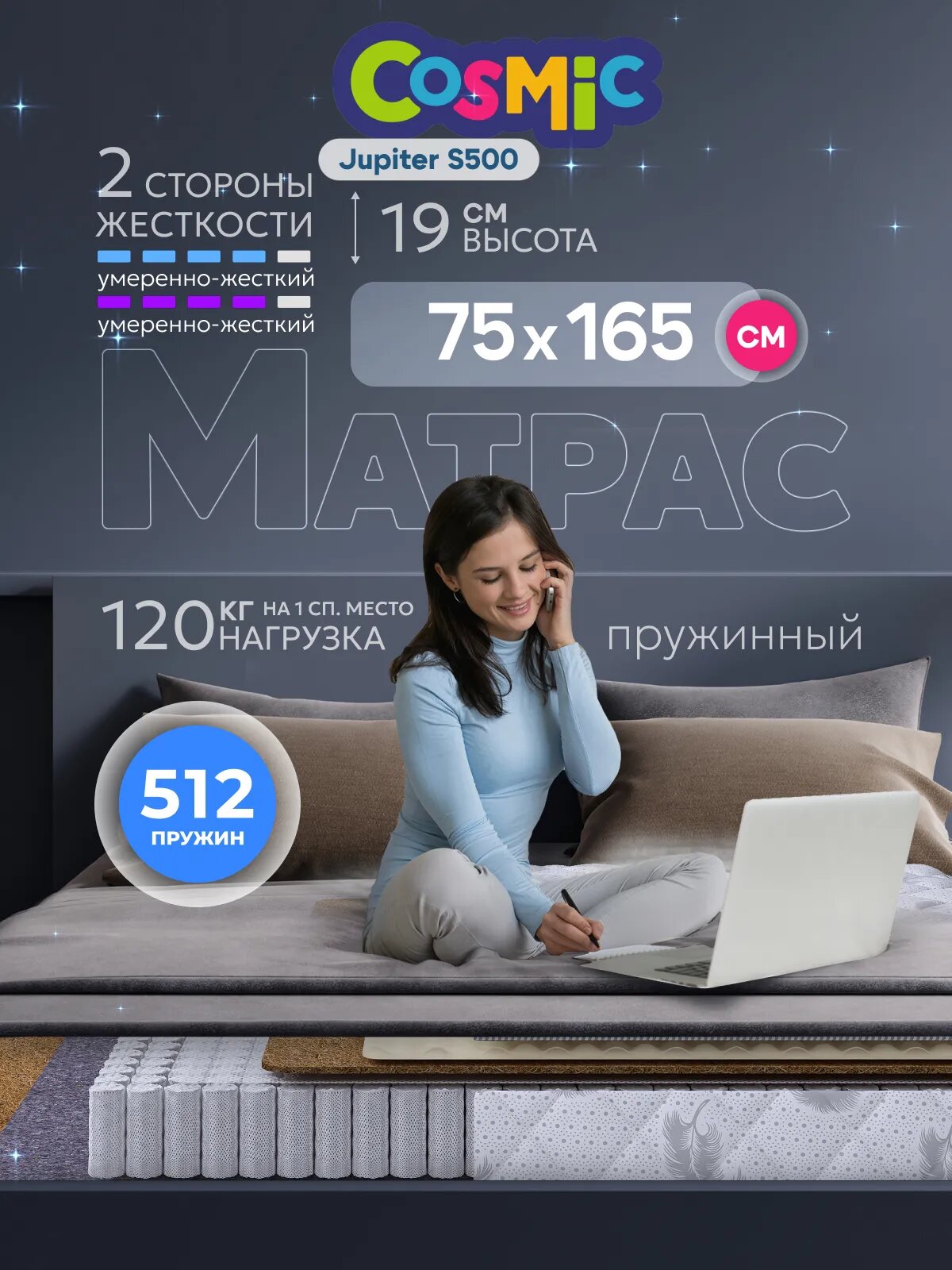 Матрас Cosmic Jupiter 75x165 см, пружинный, 2 степени жёсткости, высота 20 см, анатомическая поддержка