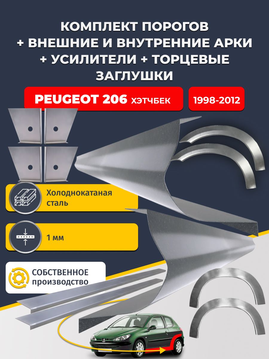 Комплект ремонтных задних внешних и внутренних арок (0,8 мм) + комплект порогов + 4 торцевые заглушки + усилители, на Peugeot 206 1998-2012 Хэтчбек 3 двери (Пежо 206) Холоднокатаная сталь 1 мм